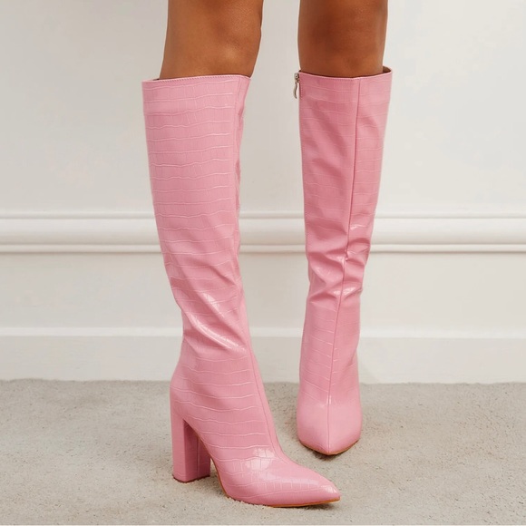 Unbranded Shoes - NWOTB Croc Embossed Side Zipper Chunky Heel Pointed Knee High Boots - Light Pink